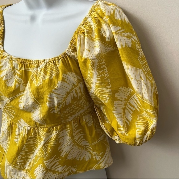 Sim & Sam Palm Print Cropped Top Puff Sleeve Yellow Chartreuse Tropical Boho S - Picture 4 of 10